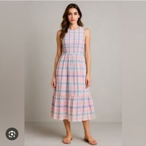 J. Crew Factory Pastel Pink and Light Blue Plaid Midi Dress